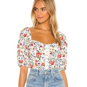 ASTR the Label Floral PrintSquare Neck Top Puff SleeveHook & Eye Blouse Size XL